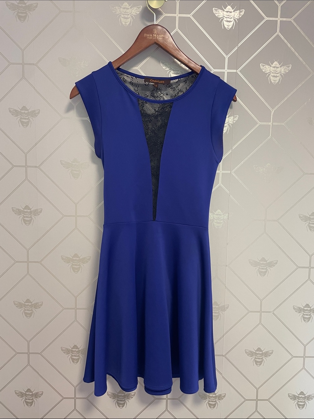Cobalt Blue Fit-&-Flare Mini Dress with Black Lace Panel